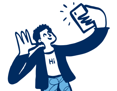 Ilustración en azul de persona saludando y tomando selfie con un teléfono