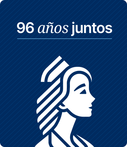 Ilustración institucional con el texto “96 años juntos” sobre fondo azul
