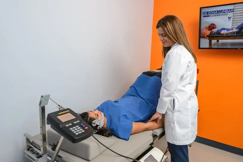 Paciente en camilla con tracción lumbar asistida por especialista en fisioterapia. Paciente en camilla con tracción lumbar asistida por especialista en fisioterapia.