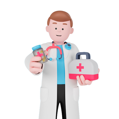 Médico caricaturizado sosteniendo frasco de medicinas y botiquín
