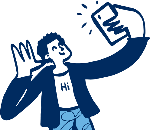 Ilustración en azul de persona saludando y tomando selfie con un teléfono.