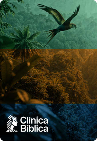 Guacamayo volando sobre selva tropical con logotipo de Clínica Bíblica
